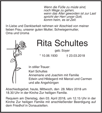 Traueranzeige von Rita Schultes von SÜDWEST PRESSE Ausgabe Ulm/Neu-Ulm