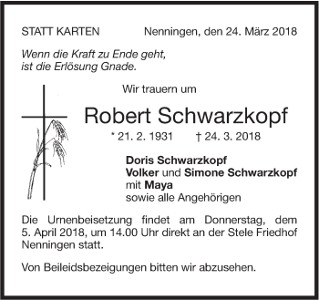 Traueranzeige von Robert Schwarzkopf von NWZ Neue Württembergische Zeitung