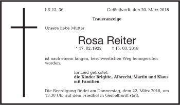 Traueranzeige von Rosa Reiter von Haller Tagblatt