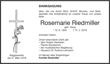 Traueranzeige von Rosemarie Riedmiller von Illertal Bote