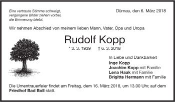 Traueranzeige von Rudolf Kopp von NWZ Neue Württembergische Zeitung