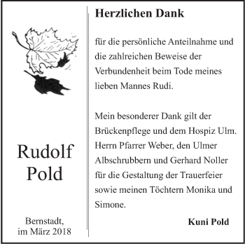 Traueranzeige von Rudolf Pold von SÜDWEST PRESSE Ausgabe Ulm/Neu-Ulm