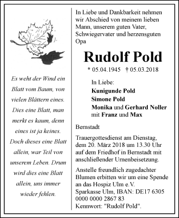 Traueranzeige von Rudolf Pold von SÜDWEST PRESSE Ausgabe Ulm/Neu-Ulm