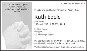 Traueranzeige von Ruth Epple von Alb-Bote/Metzinger-Uracher Volksblatt