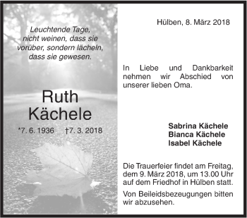 Traueranzeige von Ruth Kächele von Metzinger-Uracher Volksblatt