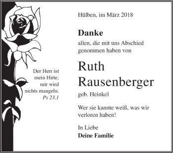 Traueranzeige von Ruth Rausenberger von Metzinger-Uracher Volksblatt