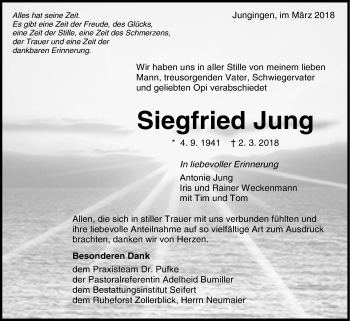 Traueranzeige von Siegfried Jung von Hohenzollerische Zeitung