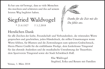 Traueranzeige von Siegfried Waldvogel von Haller Tagblatt