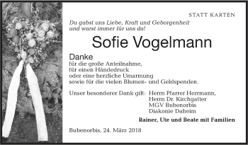 Traueranzeige von Sofie Vogelmann von Haller Tagblatt