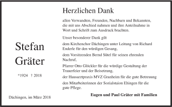 Traueranzeige von Stefan Gräter von Ehinger Tagblatt