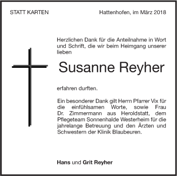 Traueranzeige von Susanne Reyher von NWZ Neue Württembergische Zeitung