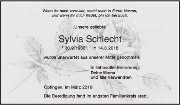 Traueranzeige von Sylvia Schlecht von Ehinger Tagblatt