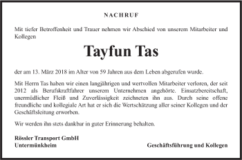 Traueranzeige von Tayfun Tas von Haller Tagblatt