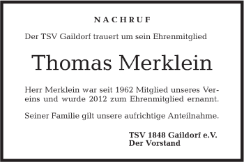 Traueranzeige von Thomas Merklein von Rundschau Gaildorf