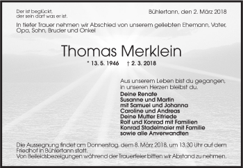 Traueranzeige von Thomas Merklein von Rundschau Gaildorf