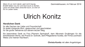 Traueranzeige von Ulrich  Konitz von NWZ Neue Württembergische Zeitung/Geislinger Zeitung