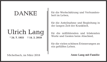 Traueranzeige von Ulrich Lang von Haller Tagblatt