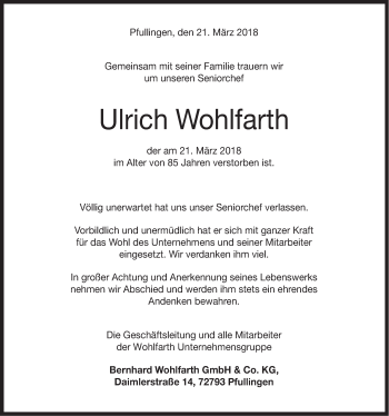 Traueranzeige von Ulrich Wohlfarth von Metzinger-Uracher Volksblatt