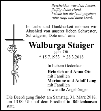 Traueranzeige von Walburga Staiger von Metzinger-Uracher Volksblatt