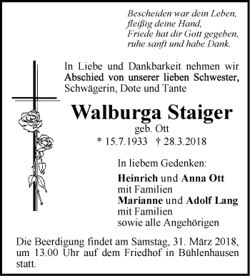 Traueranzeige von Walburga Staiger von SÜDWEST PRESSE Ausgabe Ulm/Neu-Ulm