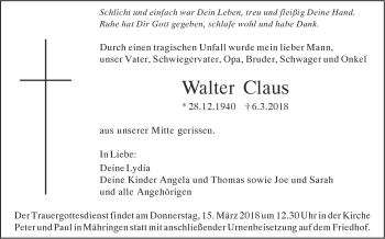 Traueranzeige von Walter Claus von SÜDWEST PRESSE Ausgabe Ulm/Neu-Ulm