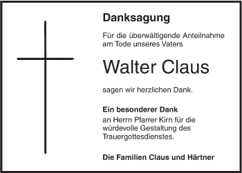 Traueranzeige von Walter Claus von SÜDWEST PRESSE Ausgabe Ulm/Neu-Ulm