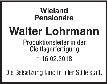 Traueranzeige von Walter Lohrmann von SÜDWEST PRESSE Ausgabe Ulm/Neu-Ulm