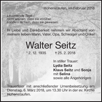 Traueranzeige von Walter Seitz von NWZ Neue Württembergische Zeitung