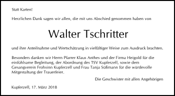 Traueranzeige von Walter Tschritter von Haller Tagblatt