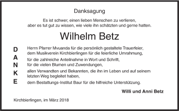 Traueranzeige von Wilhelm Betz von Ehinger Tagblatt