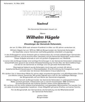 Traueranzeige von Wilhelm Hägele von Alb-Bote/Metzinger-Uracher Volksblatt