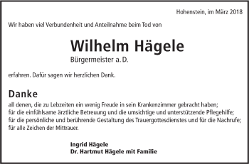 Traueranzeige von Wilhelm Hägele von Alb-Bote/Metzinger-Uracher Volksblatt