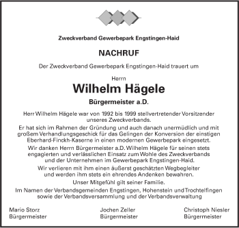 Traueranzeige von Wilhelm Hägele von Alb-Bote/Metzinger-Uracher Volksblatt