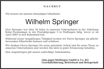 Traueranzeige von Wilhelm Springer von Hohenloher Tagblatt