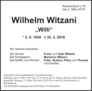 Traueranzeige von Wilhelm Witzani von NWZ Neue Württembergische Zeitung