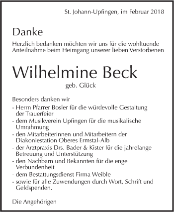 Traueranzeige von Wilhelmine Beck von Alb-Bote/Metzinger-Uracher Volksblatt