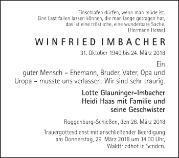 Traueranzeige von Winfried Imbacher von SÜDWEST PRESSE Ausgabe Ulm/Neu-Ulm