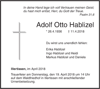 Traueranzeige von Adolf Otto Hablizel von SÜDWEST PRESSE Ausgabe Ulm/Neu-Ulm