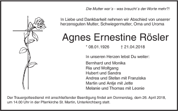 Traueranzeige von Agnes Ernestine Rösler von SÜDWEST PRESSE Ausgabe Ulm/Neu-Ulm