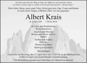 Traueranzeige von Albert Krais von SÜDWEST PRESSE Ausgabe Ulm/Neu-Ulm