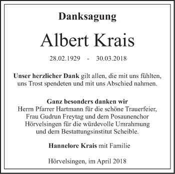 Traueranzeige von Albert Krais von SÜDWEST PRESSE Ausgabe Ulm/Neu-Ulm