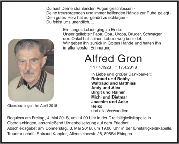 Traueranzeige von Alfred Gron von Ehinger Tagblatt