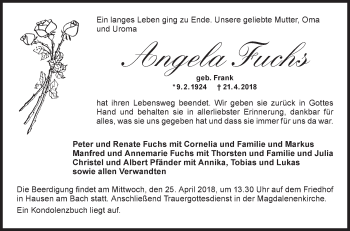 Traueranzeige von Angela Fuchs von Hohenloher Tagblatt