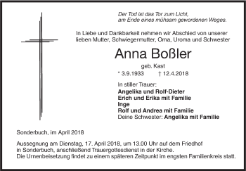 Traueranzeige von Anna Boßler von SÜDWEST PRESSE Ausgabe Ulm/Neu-Ulm