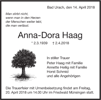 Traueranzeige von Anna-Dora Haag von Metzinger-Uracher Volksblatt