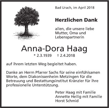 Traueranzeige von Anna-Dora Haag von Metzinger-Uracher Volksblatt