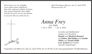 Traueranzeige von Anna Frey von Geislinger Zeitung