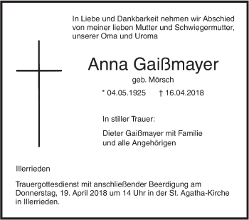 Traueranzeige von Anna Gaißmayer von SÜDWEST PRESSE Ausgabe Ulm/Neu-Ulm