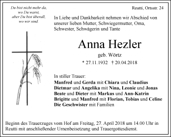 Traueranzeige von Anna Hezler von Geislinger Zeitung