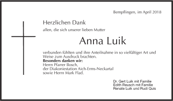 Traueranzeige von Anna Luik von Metzinger-Uracher Volksblatt